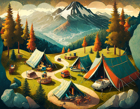 Camping Festival and luxury grunge font view on white color background on digital art concept, Generative AI.の素材