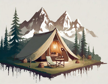 Camping Festival and luxury grunge font view on white color background on digital art concept, Generative AI.の素材