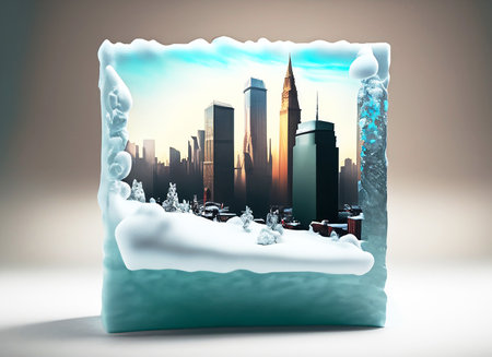 City scape and a blob object frozen in a block of snow, isolated on warm-grey back on digital art concept, Generative AI.の素材