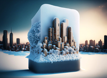 City scape and a blob object frozen in a block of snow, isolated on warm-grey back on digital art concept, Generative AI.の素材