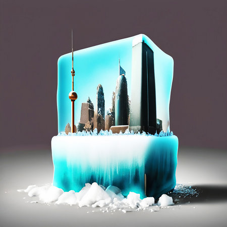 City scape and a blob object frozen in a block of snow, isolated on warm-grey back on digital art concept, Generative AI.の素材