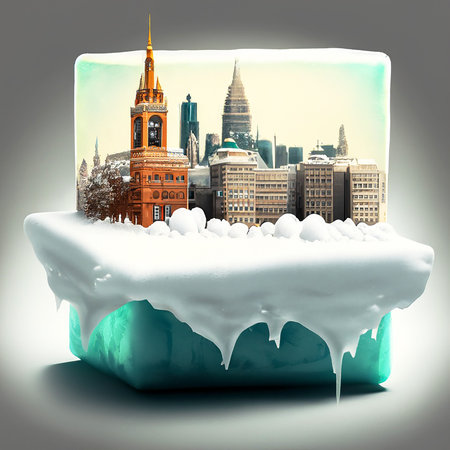 City scape and a blob object frozen in a block of snow, isolated on warm-grey back on digital art concept, Generative AI.aの素材