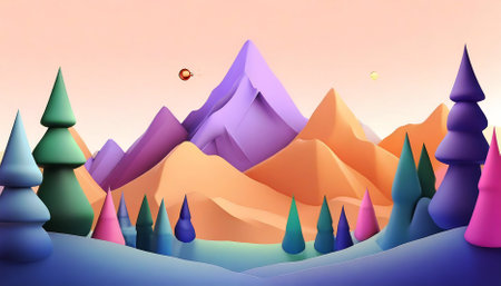 abstract mountain range through the forest on digital art concept, Generative AI.の素材