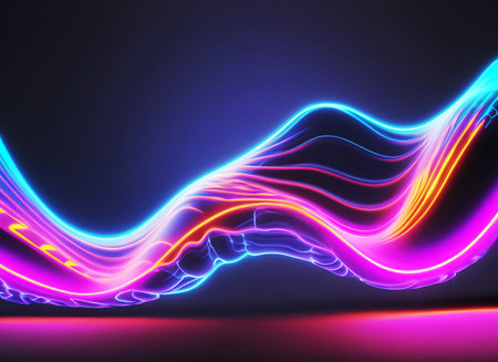 Minimal neon background with glowing wavy line on digital art concept, Generative AI.の素材
