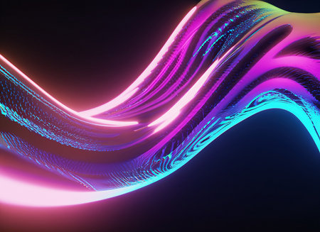 Minimal neon background with glowing wavy line on digital art concept, Generative AI.の素材