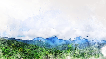 Abstract colorful mountain landscape on watercolor painting background. Digital illustration painting.の写真素材