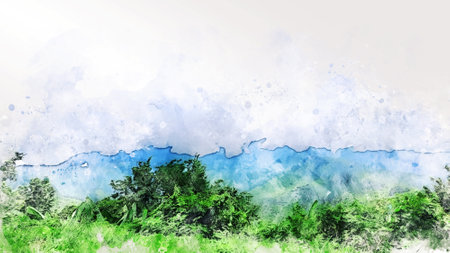Abstract colorful tree and blue sky on watercolor illustration painting background.の写真素材
