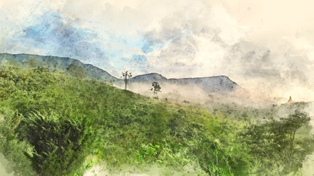 Digital painting of a mountain landscape in the morning, Sri Lanka.の写真素材
