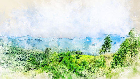 Abstract colorful mountain landscape on watercolor painting background. Digital illustration painting.の写真素材