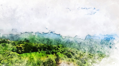 Abstract colorful shape on tree and field landscape watercolor illustration painting background.の写真素材