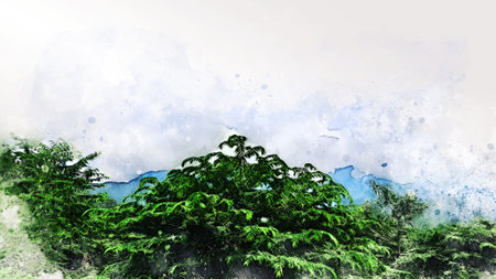 Abstract tree and mountain on watercolor painting background. Digital illustration painting.の写真素材