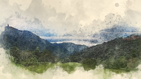 Digital watercolor painting of a panoramic view of a mountain range in the cloudsの写真素材