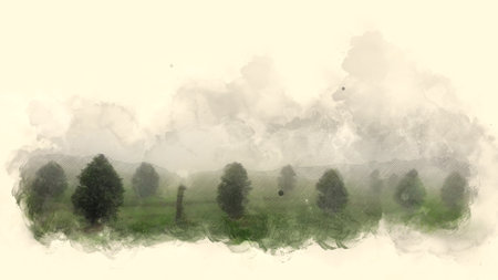 landscape with trees and clouds in watercolor style, nature seriesの写真素材