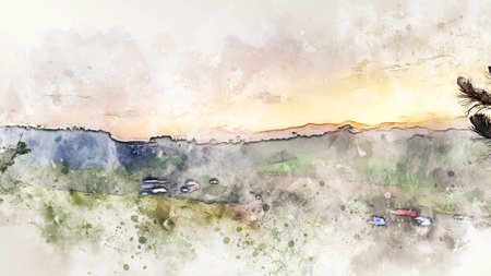 Abstract colorful mountain landscape on watercolor painting background. Digital illustration painting.の写真素材