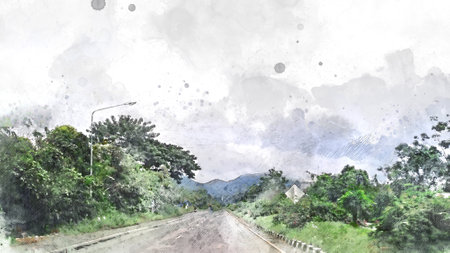 Digital painting of a road in the countryside. Watercolor painting.の写真素材