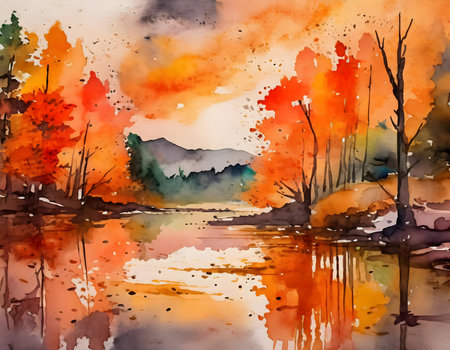 Abstract warm orange hues in autumn, created using ink watercolors the lake with reflection on digital art concept.の素材