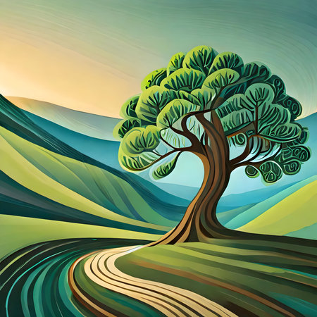 Abstract Tree landscape illustration curve on digital art concept, Generative AI.の素材