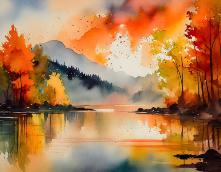 Abstract warm orange hues in autumn, created using ink watercolors the lake with reflection on digital art concept.の素材