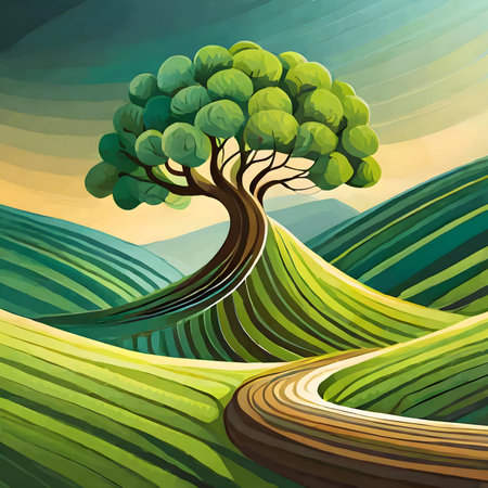 Abstract Tree landscape illustration curve on digital art concept, Generative AI.の素材