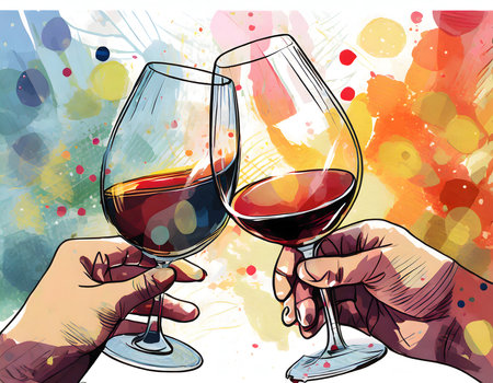 Glasses of hand holding wine seen during a friendly party on top view on digital art concept, Generative AI.の素材