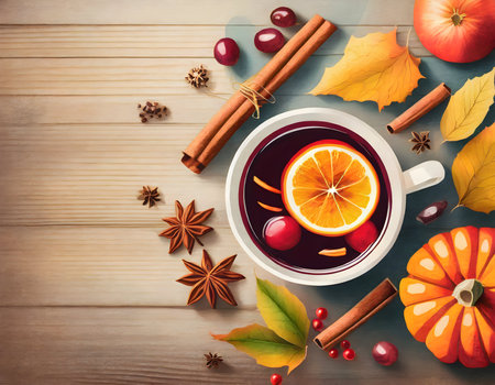 Abstract Fruits and spices on wooden background, top view on digital art concept, Generative AI.の素材