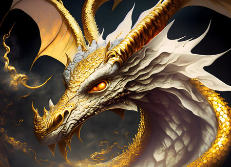 Abstract mystic draons, like a phoenix, golden and white colors on digital art concept.の素材
