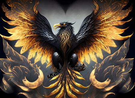 Abstract mystic draons, like a phoenix, golden and white colors on digital art concept.の素材