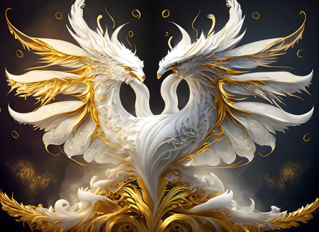 Abstract mystic draons, like a phoenix, golden and white colors on digital art concept.の素材