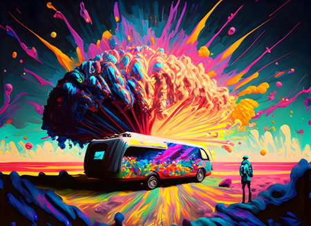 Abstract exploding photon camping travel acrylic paint maximalism on digital art concept.の素材