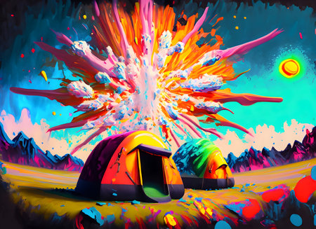 Abstract exploding photon camping travel acrylic paint maximalism on digital art concept.の素材