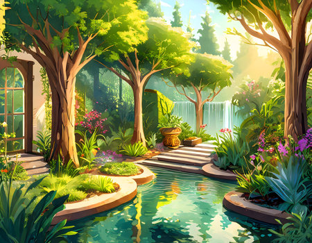 Abstract garden in the house, in the midst of nature, with the sound of flowing water and trees on digital art concept.の素材
