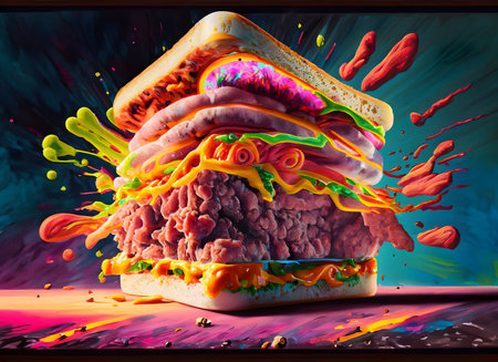 Abstract exploding photon sandwich and meat acrylic paint maximalism on digital art concept.の素材