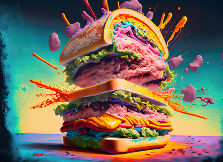 Abstract exploding photon sandwich and meat acrylic paint maximalism on digital art concept.の素材