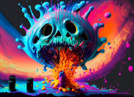 Abstract exploding photon halloween and ghost acrylic paint maximalism on digital art concept.の素材
