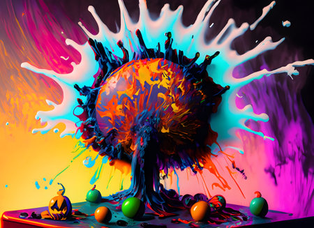 Abstract exploding photon halloween and ghost acrylic paint maximalism on digital art concept.の素材