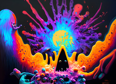 Abstract exploding photon halloween and ghost acrylic paint maximalism on digital art concept.の素材