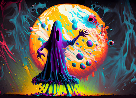 Abstract exploding photon halloween and ghost acrylic paint maximalism on digital art concept.の素材