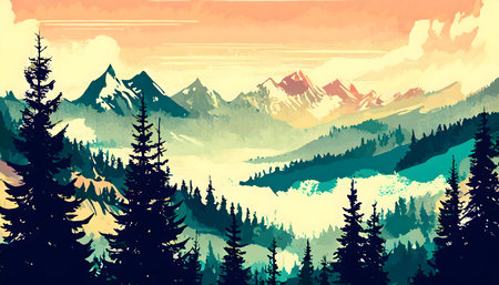 Beautiful Misty landscape with fir forest in hipster vintage retro style on digital art concept.の素材