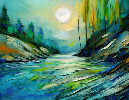 Abstract green color mountain range landscape on watercolor painting on digital art concept, Generative AI.の素材