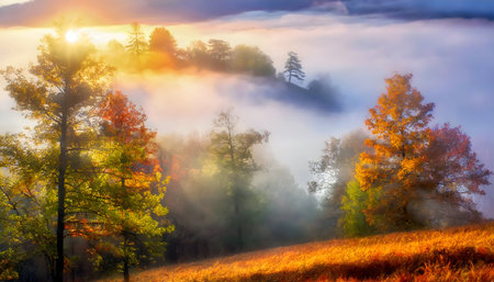 beautiful forest in fog at sunrise in autumn on digital art concept.の素材