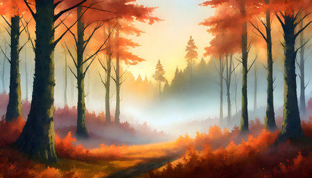 beautiful forest in fog at sunrise in autumn on digital art concept.の素材
