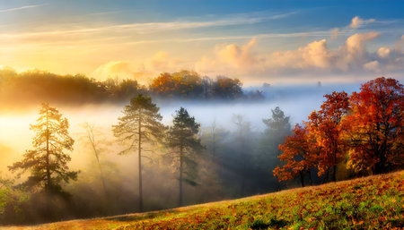 beautiful forest in fog at sunrise in autumn on digital art concept.の素材