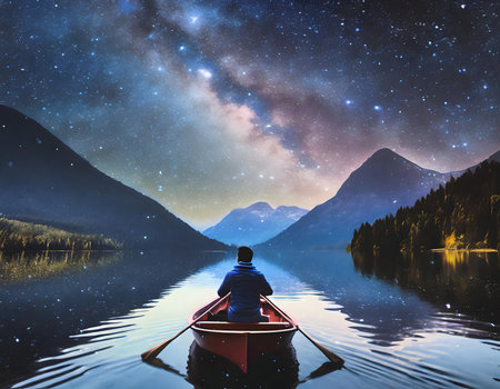 Beautiful night scenery back of a woman rowing a boat with beautiful milky way galaxy on digital art concept.の素材