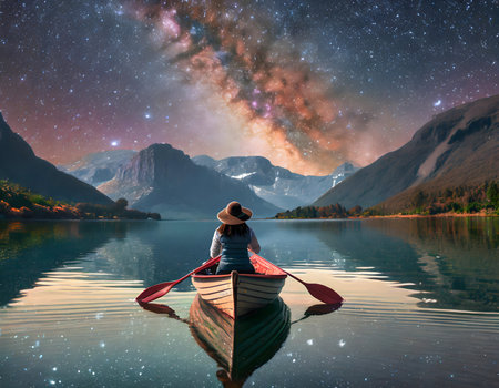 Beautiful night scenery back of a woman rowing a boat with beautiful milky way galaxy on digital art concept.の素材