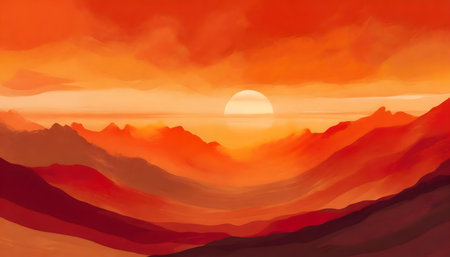 abstract illustration Sunset panorama color orange and mountain range on digital art concept.の素材