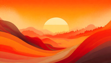 abstract illustration Sunset panorama color orange and mountain range on digital art concept.の素材