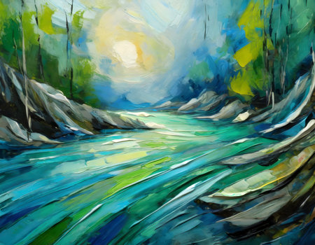 Abstract green color mountain range landscape on watercolor painting on digital art concept, Generative AI.の素材