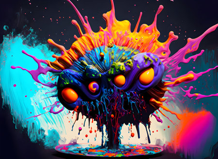 Abstract exploding photon halloween and ghost acrylic paint maximalism on digital art concept.の素材