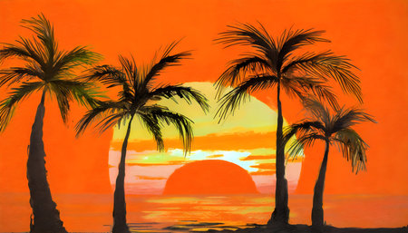 Abstract Palm tree on orange wall andÂ sunset over backgound on digital art concept.の素材