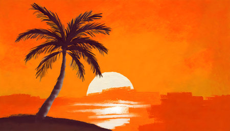 Abstract Palm tree on orange wall andÂ sunset over backgound on digital art concept.の素材
